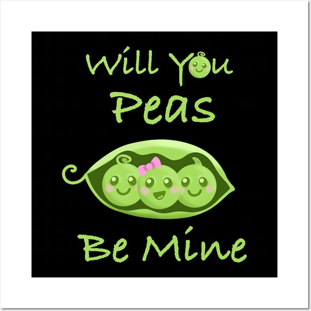 Peas Be Mine Cute Kawaii Food Pun Valentine’s Day Funny Wall Art by ksrogersdesigns